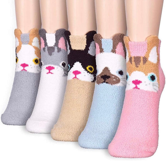 Cute Cozy Warm | Women Teen Girls | Crew Socks | 5 Pairs | (Kitten)
