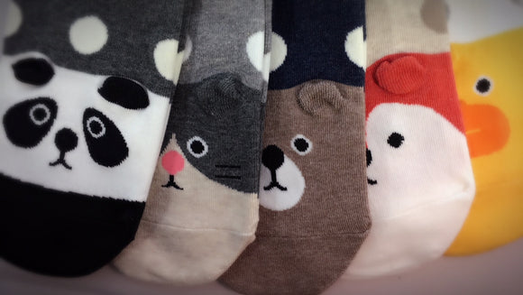 Cute Animal Face Print | Womens Teen Girls | Ankle Socks | 5 Pairs (Big Dots)