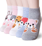 Cute Rabbit Cat Fox Animal Print | Womens Teen Girls | Ankle Socks | 5 Pairs | (Animal Paws)