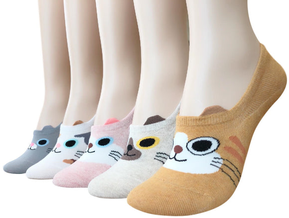 Cute Kitten Animal Print | Womens Teen Girls | Nonslip Liner No Show Socks | 5 Pairs | (Sassy Cats)