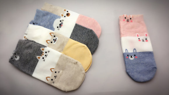 Cute Cat Dog Animal Print | Womens Teen Girls | Ankle Socks | 5 Pairs | (Animal Trio)